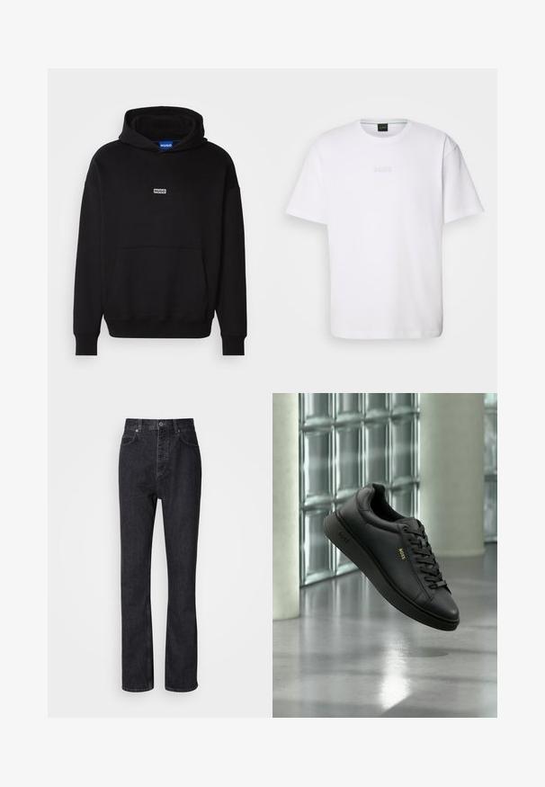 HUGO NAZARDO - Hoodie - black; Witte katoenen T-shirt met korte mouwen, ronde halslijn en reliëf 'BOSS' logo op de borst. Veilig textuur, standaard pasvorm.; Hoge taille zwarte denim jeans met een knoop- en ritssluiting, voor- en achterzakken en een rechte pasvorm.; Zwarte leren BOSS sneaker met veters die binnenshuis zweeft tegen een glazen blokkenmuur en een betonnen vloer op de achtergrond.