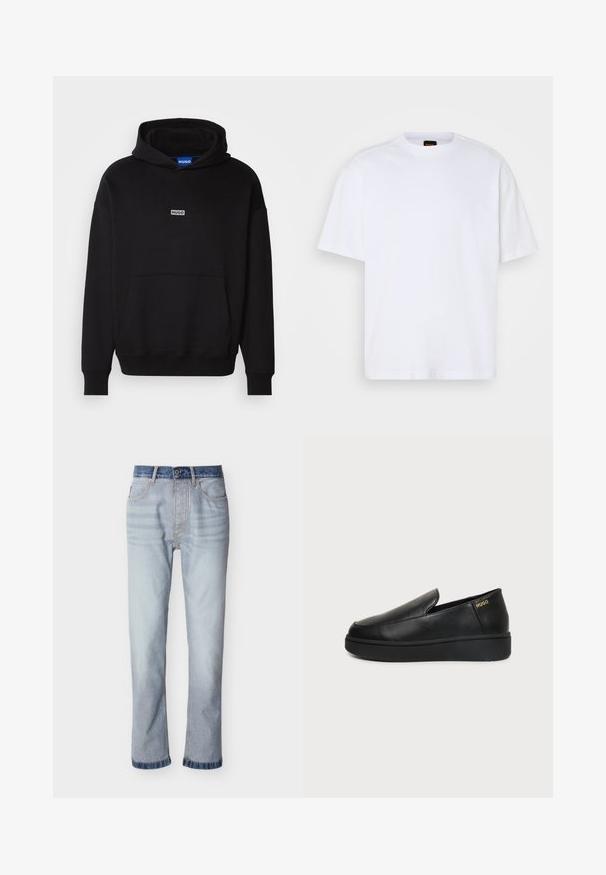 HUGO NAZARDO - Hoodie - black; Witte katoenen T-shirt met ronde hals, korte mouwen en een ontspannen pasvorm. Heeft textuur op de schoudernaden voor extra detail.; Lichtblauwe spijkerbroek met een donkerblauwe tailleband, rechte pijp, vijf zakken en zichtbare stiksel details.; Zwart leren instapschoenen met dikke zool en kleine ventilatiegaatjes aan de zijkant, met het gouden "HUGO"-logo nabij de hak.
