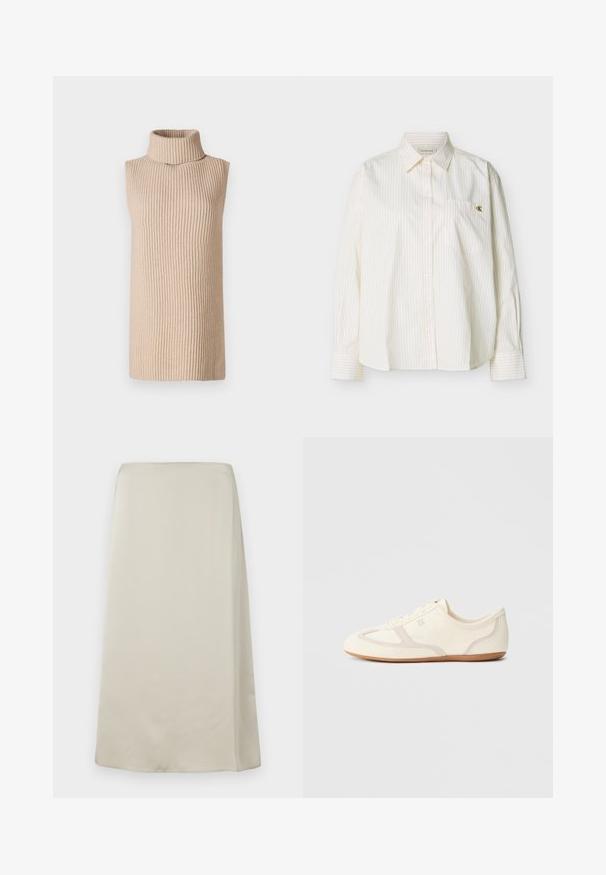 Haut sans manches beige à col roulé avec une texture à côtes, présentant un col haut et une silhouette droite, sur un fond uni.; Chemise blanche à manches longues avec boutons, fines rayures verticales, col pointu, poche poitrine avant et petit logo doré "cK" sur la poche.; Une jupe taille haute, longueur genou, de couleur beige neutre, fabriquée dans un tissu lisse et doux, avec un design minimaliste sans ornements visibles.; Baskets couleur crème avec une tige en daim et tissu, un bout arrondi, et une semelle en caoutchouc avec un détail accent beige. Fermeture à lacets.