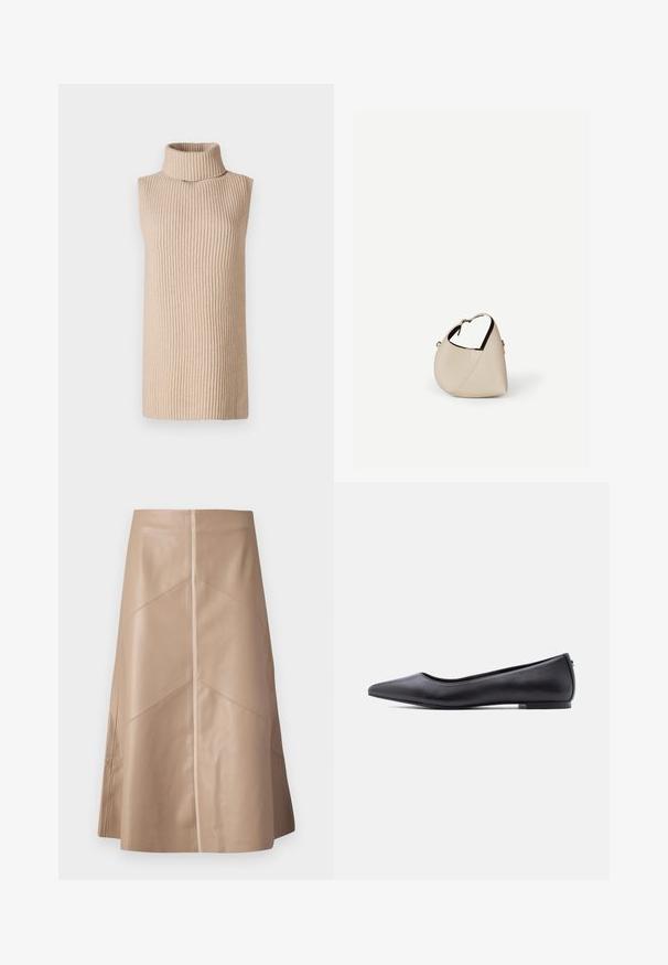 Beige ærmeløs turtleneck top med ribbede detaljer, der har en høj krave og en lige silhuet, præsenteret mod en ensfarvet baggrund.; Beige faux læder A-line nederdel med diskrete paneldetaljer og en glat mat overflade, knælang og højliv.; Sort flad lædersko med spidst tåparti og lav hæl, vist i sideprofil mod en hvid baggrund.; Beige læder håndtaske i halvmåneform med en enkelt skulderrem og minimal syning, sat mod en ensartet hvid baggrund.