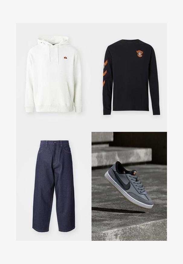 Weiß gesprenkelter Kapuzenpullover mit einer Fronttasche, verstellbarem Kordelzug an der Kapuze und einem kleinen mehrfarbigen Logo auf der linken Brust.; Schwarzes langärmliges T-Shirt aus Baumwolle mit einem orangefarbenen Logo mit Flügeln auf der linken Brustseite und orangen Akzenten an beiden Ärmeln.; Dunkelblaue Denim-Jeans mit einem lockeren, weiten Schnitt. Zu den Merkmalen gehören ein Knopfverschluss, Fronttaschen und sichtbare Nähte.; Grauer Nike-Sneaker aus Leder und Wildleder, mit schwarzem Swoosh, weißer Zwischensohle und strukturiertem Gummi-Laufsohle mit Gummi-Akzenten.