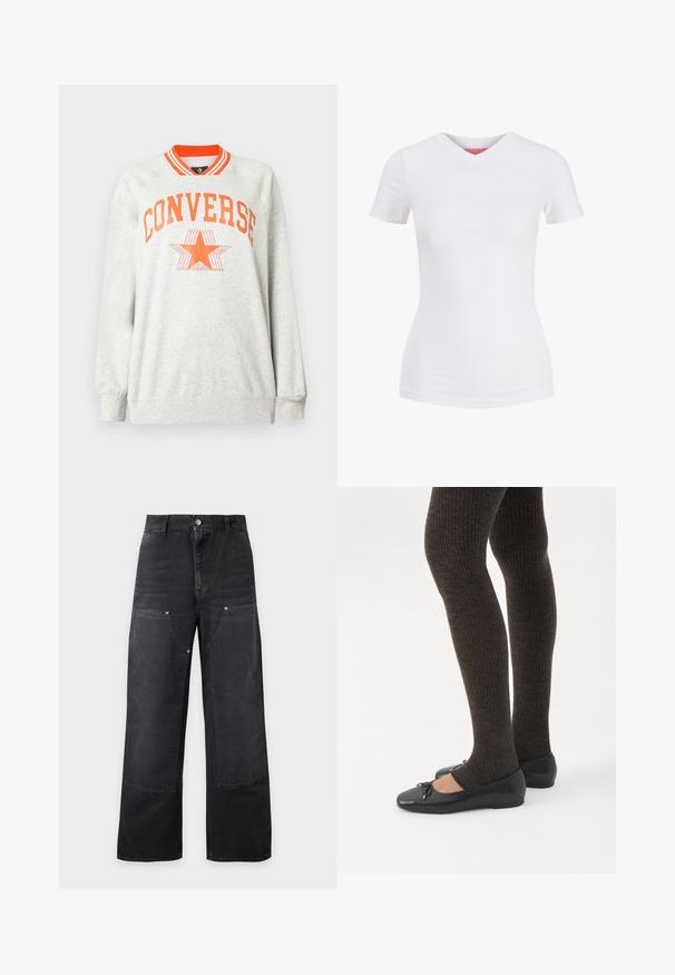 Sweat-shirt à manches longues gris clair avec col rayé orange et texte "CONVERSE" ainsi que logo étoile en orange sur la poitrine.; T-shirt blanc ajusté à manches courtes avec col en V, présenté sur un fond uni, vue de face.; Pantalon noir ample avec grandes pièces renforcées à l'avant, passants pour ceinture, fermeture par boutons et poches latérales sur un fond clair uni.; Jambes portant des leggings côtelés foncés associés à des ballerines noires avec de petits détails en nœud sur fond blanc.