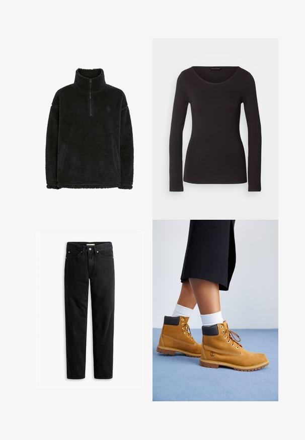 Sort fleece pullover med en lynlås krave, blød, struktureret overflade og en afslappet pasform. Har syninger langs kanten og ærmerne.; Sort langærmet top lavet af glat stof med rund halsudskæring og tætsiddende silhuet; har ingen mønstre eller detaljer.; Sorte straight-leg jeans med knap- og lynlåslukning, bæltestropper samt for- og baglommer, vist fladt på hvid baggrund.; Tan ruskindsankelstøvler med brune læderdetaljer, guldøjer og en struktureret sål. Hvide sokker synlige over støvlerne.