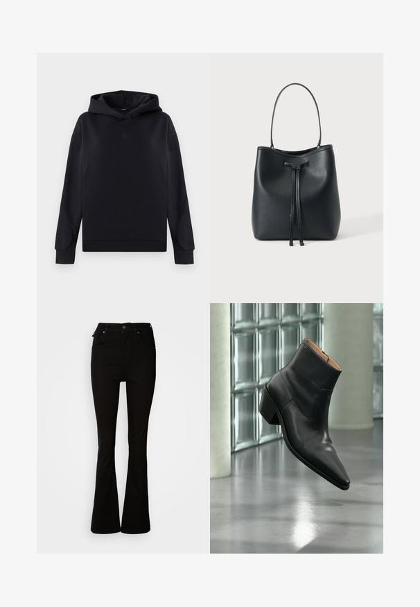 Sweat-shirt à capuche noire en mélange de coton. Présente une coupe décontractée, des manches longues et un petit logo au centre. Texture douce.; Jean noir évasé en denim, avec une taille haute, des poches avant, et un design classique à cinq poches avec des accents en métal.; Bottine en cuir noir avec un bout pointu et un talon carré lévitant au-dessus d'un sol gris réfléchissant près d'un mur en blocs de verre.; Sac bourse en cuir noir avec une seule bandoulière et une fermeture à cordon sur le devant, sur un fond blanc uni.