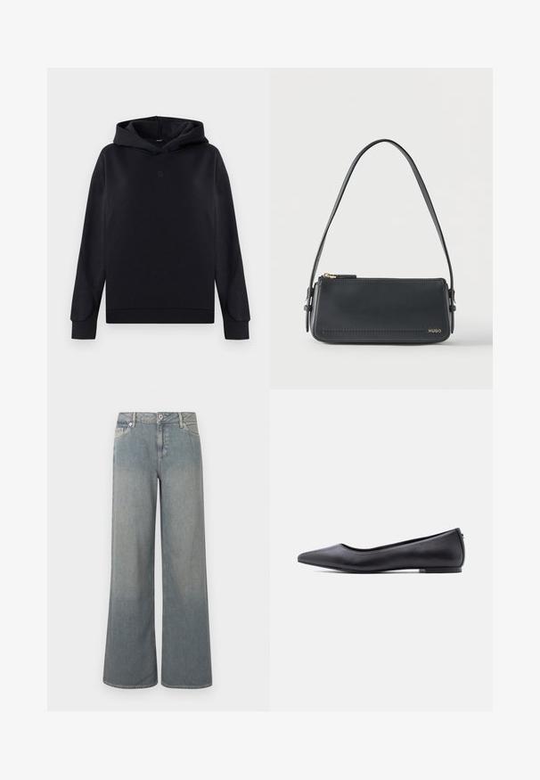 Sort hættetrøje lavet af bomuldsblanding. Har en afslappet pasform, lange ærmer og et lille logo i midten. Glat tekstur.; Lyseblå jeans med brede ben lavet af denim, der har et klassisk design med fem lommer, lynlås- og knaplås samt frynset kant.; Sort flad lædersko med spidst tåparti og lav hæl, vist i sideprofil mod en hvid baggrund.; Sort rektangulær skuldertaske i læder med guld lynlås og lille guld "HUGO"-logo på fronten, med justerbar strop med spænde.