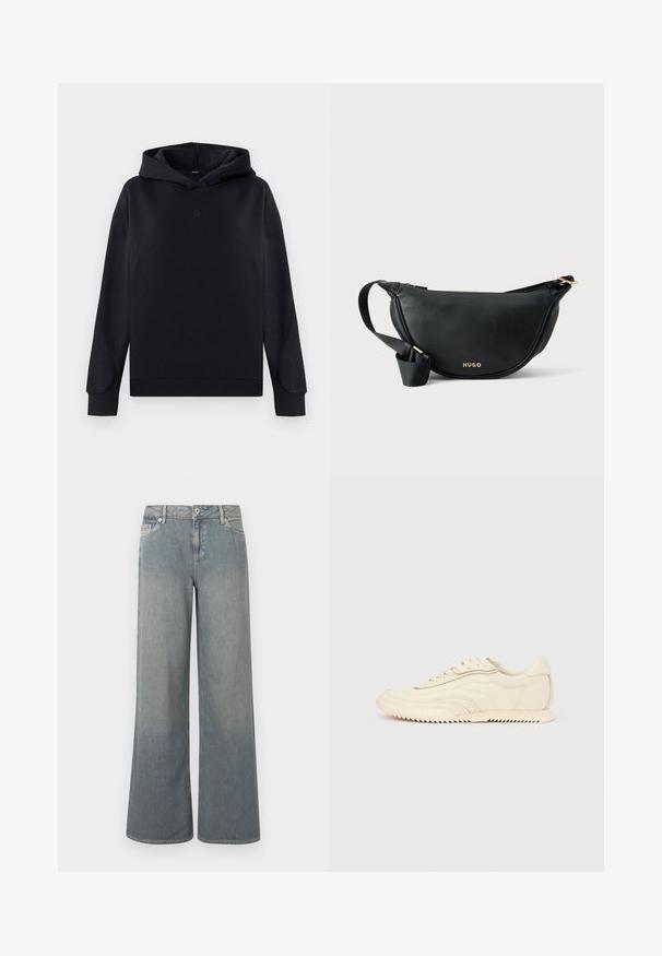 Sort hættetrøje lavet af bomuldsblanding. Har en afslappet pasform, lange ærmer og et lille logo i midten. Glat tekstur.; Lyseblå jeans med brede ben lavet af denim, der har et klassisk design med fem lommer, lynlås- og knaplås samt frynset kant.; Lavprofileret sneaker i cremefarve med bølget syning, snørebånd og en rilleret sål, vist fra siden på en ensfarvet baggrund.; Sort læder korsbodytaske i halvmåneform med justerbar rem og gyldt "HUGO" logo foran.