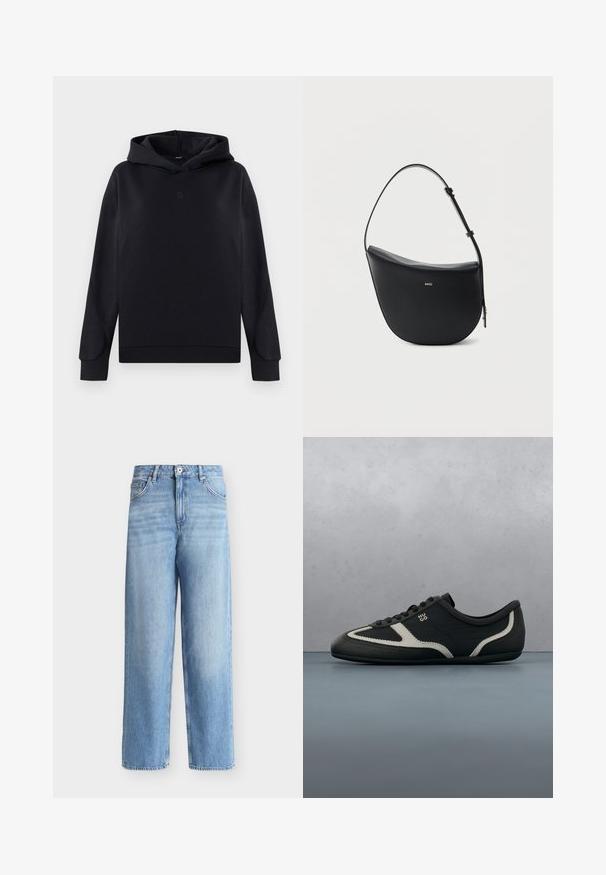 Zwarte hoodie van een katoenmix. Heeft een ontspannen pasvorm, lange mouwen en een klein logo in het midden. Soepele textuur.; Lichtblauwe straight-leg jeans met hoge taille, voorzijde met knoop- en ritssluiting, riemlussen en voorzakken op een witte achtergrond.; Zwarte sneaker met een bovenwerk van gestructureerd leer, contrasterende grijze accenten, een ronde neus en een vlakke zool. Voorzien van veters en een merklogo aan de zijkant.; Zwarte halfmaansvormige leren schoudertas met verstelbare riem en goudkleurig "BOSS"-logo middenvoor.