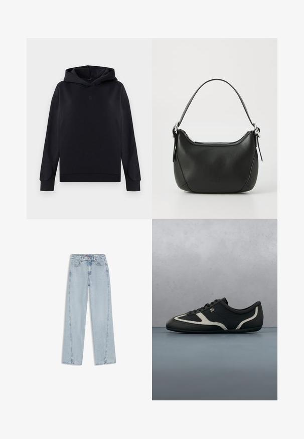 Schwarzer Kapuzenpullover aus Baumwollmix. Mit lockerer Passform, langen Ärmeln und einem kleinen Logo in der Mitte. Glatte Textur.; Hellblaue High-Waist Straight-Leg Jeans mit vorderen Taschen, Gürtelschlaufen, Knopfverschluss und kleinen Schlitzen am unteren Saum.; Schwarzer Sneaker mit strukturiertem Lederobermaterial, kontrastierenden grauen Akzenten, runder Spitze und flacher Sohle. Verfügt über Schnürsenkel und Markenlogo an der Seite.; Schwarze Ledertasche mit geschwungener Form, silbernem Reißverschluss und kurzem Griff. Verfügt über ein dezentes Logo auf der Vorderseite und eine glatte Textur.