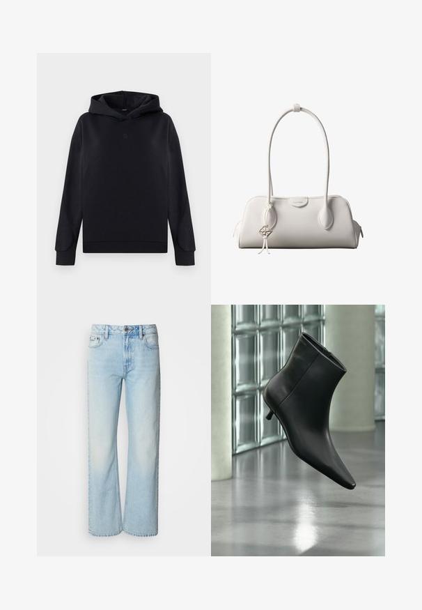 Sweat-shirt à capuche noire en mélange de coton. Présente une coupe décontractée, des manches longues et un petit logo au centre. Texture douce.; Jeans à jambes larges bleu clair en denim, présentant un design classique à cinq poches et une texture légèrement décolorée. La couture en denim est visible.; Bottine en cuir noir à bout pointu et petit talon kitten, présentée en angle devant un sol poli et un mur en blocs de verre.; Sac à bandoulière blanc Calvin Klein avec longues poignées, forme rectangulaire, fermeture éclair et charm logo décoratif suspendu près de la poignée.