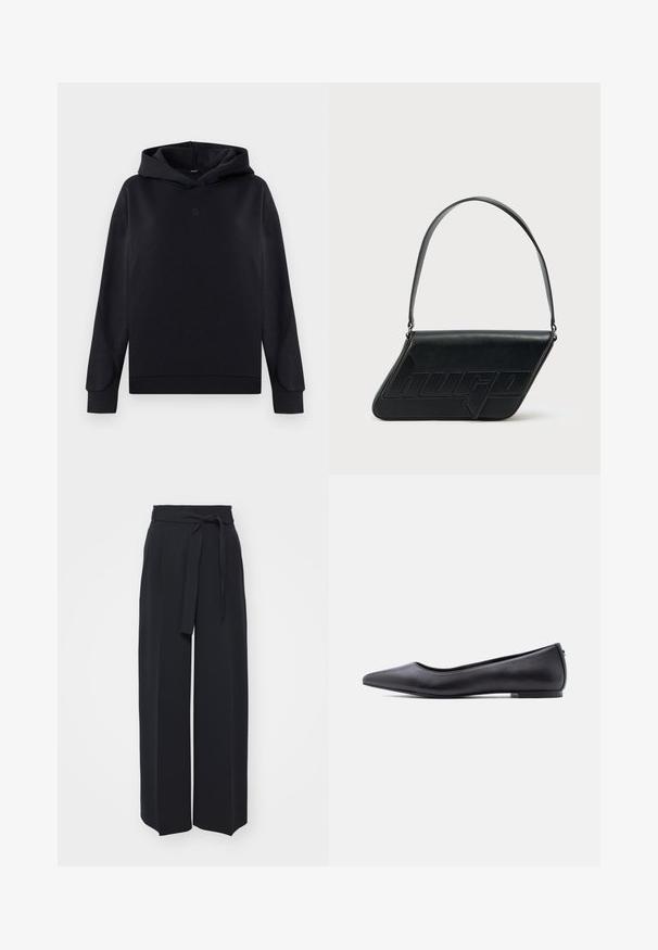 Musta huppari, joka on valmistettu puuvillasekoitteesta. Siinä on rento malli, pitkät hihat ja pieni logo keskellä. Sileä pinta.; Leveled black trousers made of soft fabric. Features a belted waistband and front pleats. Smooth texture with a clean, contemporary design.; Musta kärjestään terävä, matalakorkoinen nahkainen tasapohjakenkä, esitetty sivuprofiilissa valkoista taustaa vasten.; Musta nahkainen olkalaukku, jonka muoto on kolmionmuotoinen, siinä on kohokuvioitu logo ja yksi säädettävä hihna. Minimalistinen muotoilu ja sileä pinta.