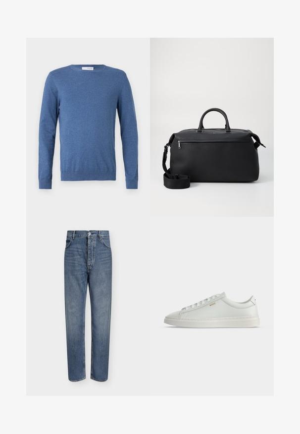Blaues Langarm-Pullover aus weichem Stoff. Verfügt über einen Rundhals, gerippte Bündchen und eine taillierte Passform ohne Muster oder zusätzliche Verzierungen.; Gerade geschnittene blaue Jeans aus Denim mit hoher Taille, Frontknopfverschluss und Fünf-Taschen-Design auf einem schlichten hellen Hintergrund.; Weißer Leder-Sneaker in niedriger Ausführung mit Schnürsenkeln, flacher Sohle und kleinem goldfarbenem "BOSS" Logo an der Seite, von der Außenseite betrachtet.; Schwarze Leder-Reisetasche mit zwei Oberhandgriffen, einem abnehmbaren Schultergurt und einer Reißverschlusstasche auf der Vorderseite für zusätzlichen Stauraum.