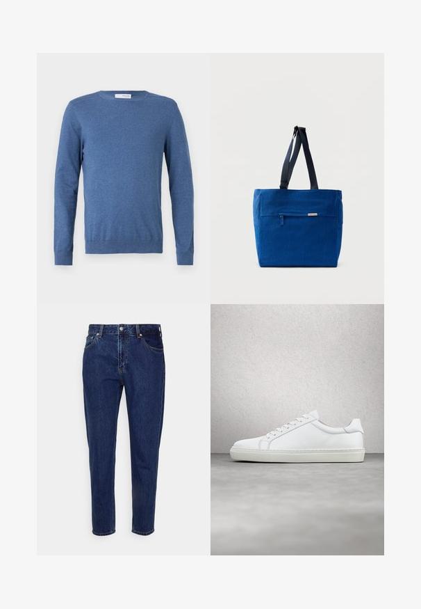Blaues Langarm-Pullover aus weichem Stoff. Verfügt über einen Rundhals, gerippte Bündchen und eine taillierte Passform ohne Muster oder zusätzliche Verzierungen.; Dunkelblaue Jeans mit geradem Bein, vorderer Knopf- und Reißverschluss, Gürtelschlaufen sowie Vorder- und Gesäßtaschen.; Weißer Sneaker mit glattem Lederobermaterial und niedrigem Profil. Verfügt über eine runde Zehenpartie, sechs Ösen und eine strukturierte Gummisohle.; Blaue Canvas-Einkaufstasche mit einer vorderen Reißverschlusstasche, doppelten Schulterriemen und rechteckiger Form. Verfügt über ein dezentes Markenlabel.