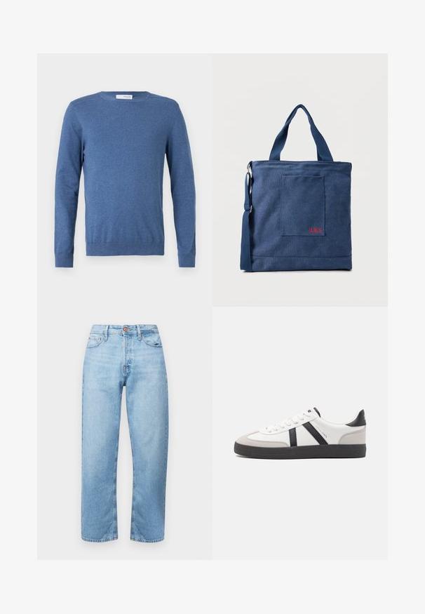 Blaues Langarm-Pullover aus weichem Stoff. Verfügt über einen Rundhals, gerippte Bündchen und eine taillierte Passform ohne Muster oder zusätzliche Verzierungen.; Hellblaue Jeans aus Denim mit geradem Schnitt, Fünf-Taschen-Design und Knopfverschluss. Glatte Textur und minimale Ausbleichung mit gestickten Akzenten.; Weiße Sneaker mit schwarz- und grau-aczenten, ausgestattet mit einer strukturierten grauen Zehenkappe, schwarzer Gummi-Sohle und flachen weißen Schnürsenkeln. Sauberes Design, minimalistische Stil.; Blauer Canvas-Einkaufstasche mit Vordertasche und roter "O.N.S" Stickerei, ausgestattet mit zwei Griffen und einem verstellbaren Schulterriemen.