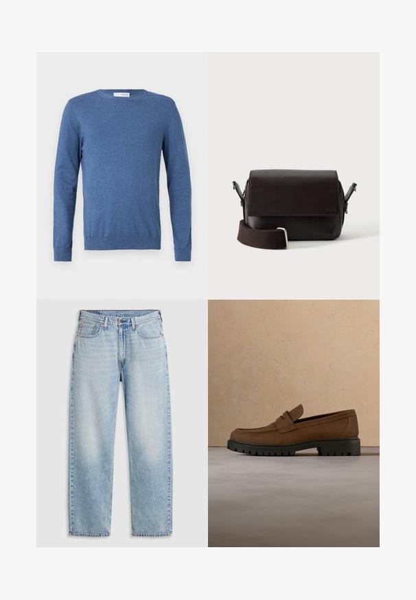 Blauwe trui met lange mouwen gemaakt van een zachte stof. Heeft een ronde hals, geribbelde manchet en een getailleerd ontwerp zonder patronen of extra details.; Lichtblauwe rechte jeans met vijf zakken, metalen knoopsluiting en vervaagde details op de dijen en knieën, plat gelegd op een witte achtergrond.; Donkerbruine leren loafer met dikke zwarte rubberen zool, getoond boven een beige tapijt en bankachtergrond.; Donkerbruine leren schoudertas met klepsluiting en verstelbare stoffen riem op witte achtergrond.