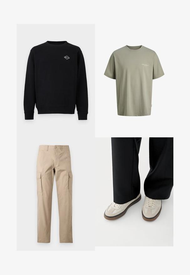 Sweat-shirt noir à manches longues avec col ras du cou, poignets et ourlet côtelés, arborant un petit logo blanc « Replay » sur le côté gauche de la poitrine.; T-shirt vert olive clair à manches courtes et col rond avec le texte « ORIGINALS COPENHAGEN » sur la poitrine gauche.; Pantalons cargo beige en coton, dotés de poches latérales, d'une coupe droit et d'une fermeture à bouton à la taille. Texture douce, style décontracté.; Pieds portant des baskets beige avec des semelles marron et un pantalon noir à jambes larges sur fond blanc.