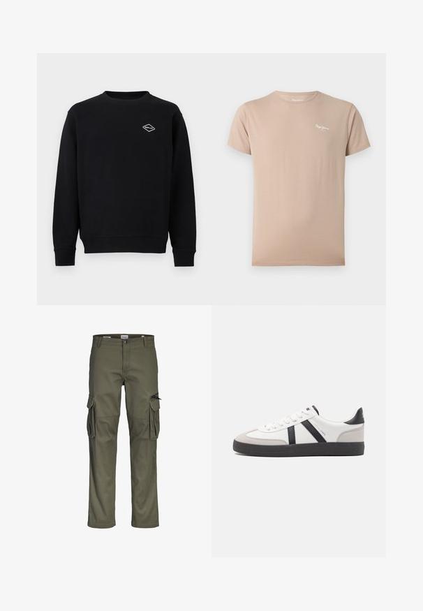 Sweat-shirt noir à manches longues avec col ras du cou, poignets et ourlet côtelés, arborant un petit logo blanc « Replay » sur le côté gauche de la poitrine.; T-shirt beige manches courtes à col rond avec petit logo blanc « Pepe Jeans » sur la partie haute gauche de la poitrine.; Pantalon cargo pour homme vert olive avec plusieurs poches, rabats et détails zippés, fermeture à boutons sur le devant et coupe droite.; Baskets blanches avec des accents noirs et gris, présentant un embout texturé gris, une semelle en caoutchouc noir et des lacets plats blancs. Design épuré, style minimaliste.