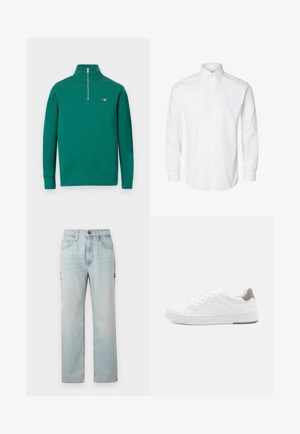 Sweat-shirt vert à col zippé en tissu doux, avec manches longues, ourlet côtelé et petit logo sur la poitrine.; Chemise blanche à manches longues avec boutons, col pointu, boutons visibles sur le devant et poignets fermés par des boutons.; Jean cargo en denim bleu clair avec une coupe droite, doté de deux poches latérales et d'une fermeture à bouton. Un léger délavage ajoute un aspect texturé.; Basket blanche en cuir lisse, à bout arrondi, design minimaliste, accent de talon gris et semelle en caoutchouc texturé.