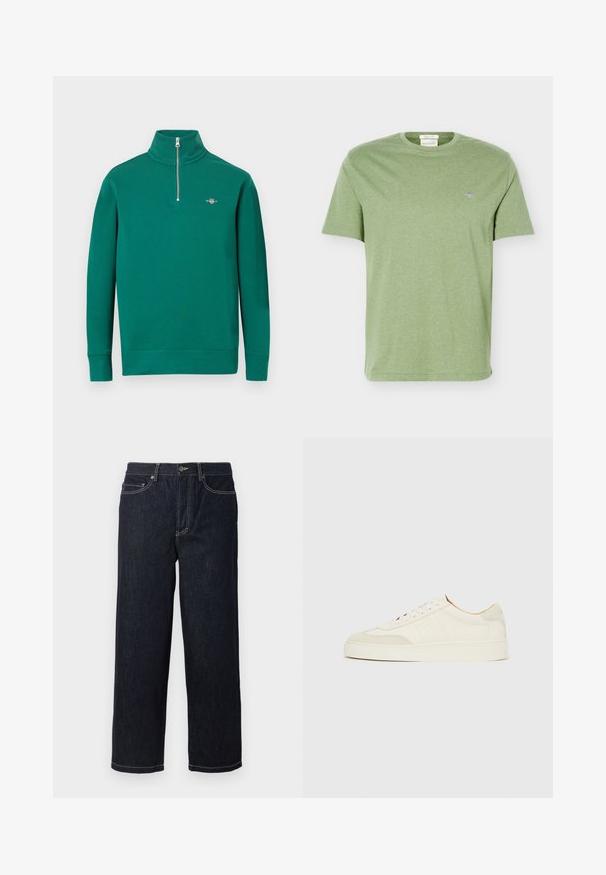 Sweat-shirt vert à col zippé en tissu doux, avec manches longues, ourlet côtelé et petit logo sur la poitrine.; T-shirt en coton vert clair à manches courtes, col rond et petit logo brodé sur la poitrine gauche.; Jean en denim droit bleu marine avec cinq poches et surpiqûres blanches contrastantes, fermeture à bouton et passants de ceinture.; Baskets en daim blanc à finition lisse, embout rond, design lacé plat, avec des accents texturés contrastants. Comprend un détail de logo subtil.
