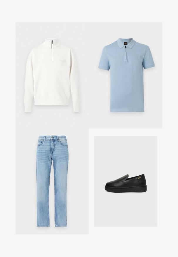 Pull-over blanc à manches longues avec un col montant et une fermeture éclair partielle noire au centre devant.; Polo à manches courtes bleu clair avec un col zippé et une petite écusson carré sur la poitrine gauche.; Jean denim bleu clair droit avec poches avant, passants pour ceinture, bouton et fermeture éclair.; Chaussure plateforme noire en cuir à enfiler, avec une semelle épaisse et un petit logo doré "HUGO" près du talon sur un fond clair uni.