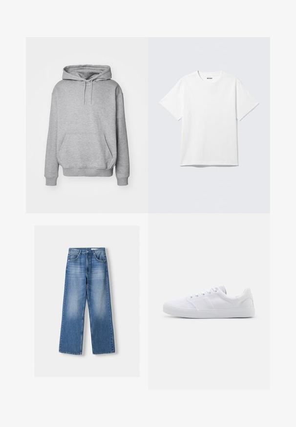 Grå hættetrøje i blødt stof med kængurulomme og ribkanter ved ærmerne. Har snøre til justerbar hætte.; Hvid kortærmet crewneck T-shirt lagt fladt ud, ensfarvet design, med "WEEKDAY" mærkat inde i kraven på en lys baggrund.; Lyseblå denim brede bukser med høj talje, der har fem lommer og en falmet vask, syet kant og metalknaplukning.; Hvide lærreds sneakers med gummisål, der har seks snørehuller, en struktureret tåkap og et minimalistisk design.