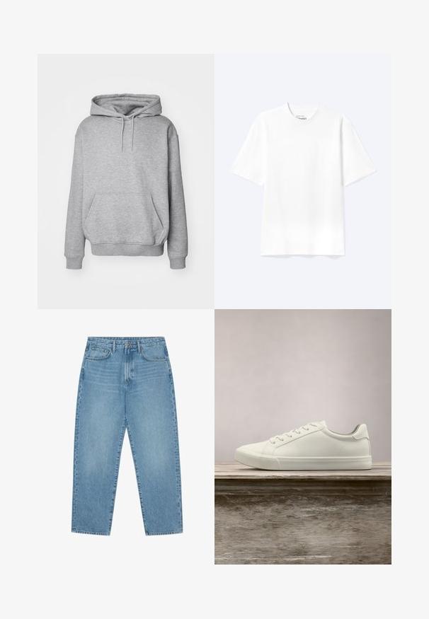Grå hættetrøje i blødt stof med kængurulomme og ribkanter ved ærmerne. Har snøre til justerbar hætte.; Enkel hvid T-shirt med korte ærmer og rund hals med afslappet pasform, vist på en lys baggrund.; Lyseblå denimjeans med lige ben, fem-lomme design og en let falmet struktur. Indeholder knap- og lynlåslukning.; Hvide snørresneakers svævende over en træbænk med grønne planter i baggrunden, der fremhæver skodesign og tekstur.