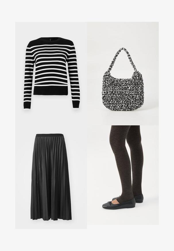 Suéter a rayas en blanco y negro con cuello redondo, mangas largas y dobladillo acanalado. Material de punto suave, con rayas anchas y estrechas de manera alterna.; Falda larga negra plisada con una textura suave y cinturilla elástica, que presenta pliegues verticales que crean volumen y movimiento.; Piernas con leggings oscuros acanalados combinados con bailarinas negras que presentan pequeños detalles de lazo sobre un fondo blanco.; Bolso de mano tejido en blanco y negro con forma redondeada, superficie texturizada y asa trenzada. Adecuado para uso casual.