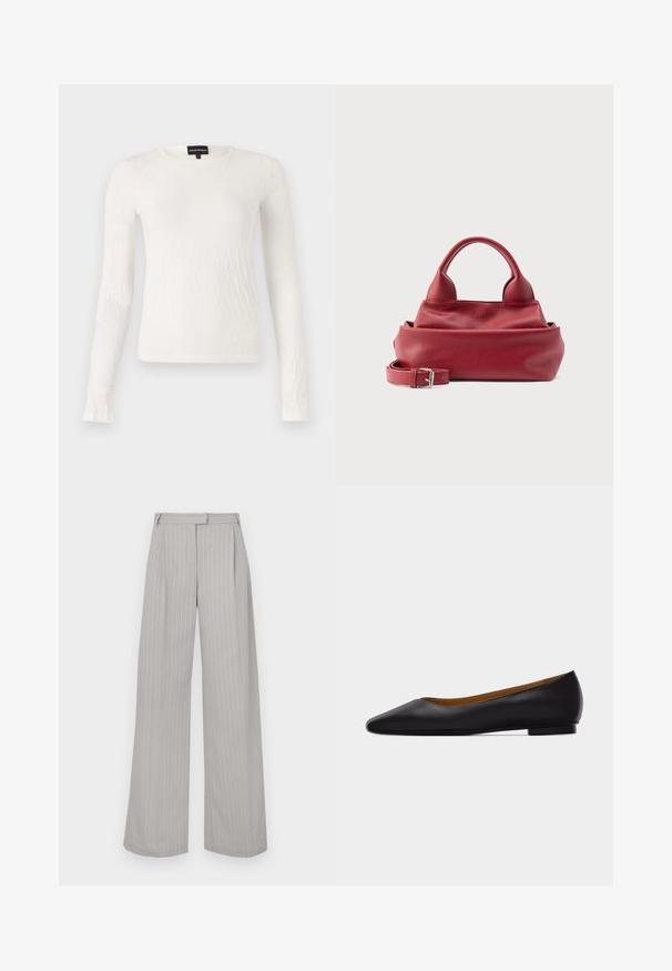 Witte lange mouwen top met een textuur, geweven patroon. Ronde halslijn en slim fit ontwerp. Zachte stof met een lichte glans.; Lichtgrijze wijde broek met verticale witte streepjes, voorzien van een voorplooi en een vlakke tailleband. Gemaakt van soepel materiaal.; Zwarte leren puntschoen met lage hak en gladde afwerking, zijaanzicht op een lichtgrijze achtergrond.; Rode handtas van getextureerd leer met twee afgeronde handvatten en een afneembare riem met een zilveren gesp op een witte achtergrond.