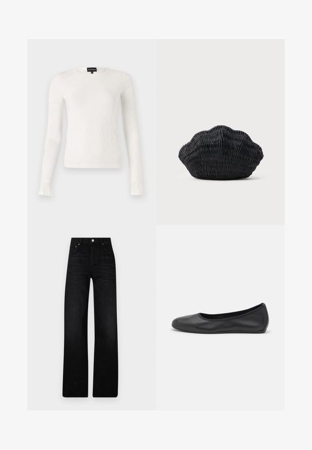 Witte lange mouwen top met een textuur, geweven patroon. Ronde halslijn en slim fit ontwerp. Zachte stof met een lichte glans.; Zwarte wijde jeans gemaakt van denim. Kenmerken zijn een hoge taille, twee frontzakken en een metalen knoopsluiting. Gelaagde afwerking met minimale vervaging.; Zwarte leren ballerina met een ronde neus, gladde textuur, minimale stikdetails en een flexibele zoolontwerp.; Zwarte gevlochten handtas in de vorm van een sint-jakobsschelp met een gebogen bovenkant en een geweven textuur op een effen achtergrond.