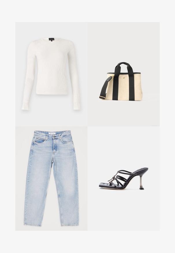 Witte lange mouwen top met een textuur, geweven patroon. Ronde halslijn en slim fit ontwerp. Zachte stof met een lichte glans.; Lichtblauwe denim jeans met een relaxte pasvorm, vijf zakken en een rechte pijpdesign. Vervaagde textuur, bovenste knoop en ritsluiting.; Zwarte sandaal met hoge hak en bandjes, met een vierkante neus en een dunne naaldhak, voorzien van overlappende bandjes en een knoopdetail op het bovenwerk.; Beige canvas tas met zwarte handvatten, een zwarte verstelbare schouderriem, een bovenste ritssluiting en een kleine gouden knoop aan de voorkant.