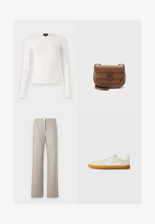 Hvidt langærmet top med et struktureret, vævet mønster. Rund hals og tætsiddende design. Blødt stof med let glans.; Lyse beige uldtrosser med et fiskebensmønster, brede lige ben, frontlukning med knap og diskrete sidelommer.; Beige ruskindsneaker med hvide læderdetaljer, gummigummisole og rund tå. Har et karakteristisk swoosh-design på siden.; Brun læder crossbody taske med frontklap og dekorativ firkantet logo spænde, justerbar rem og glat tekstur mod en neutral baggrund.