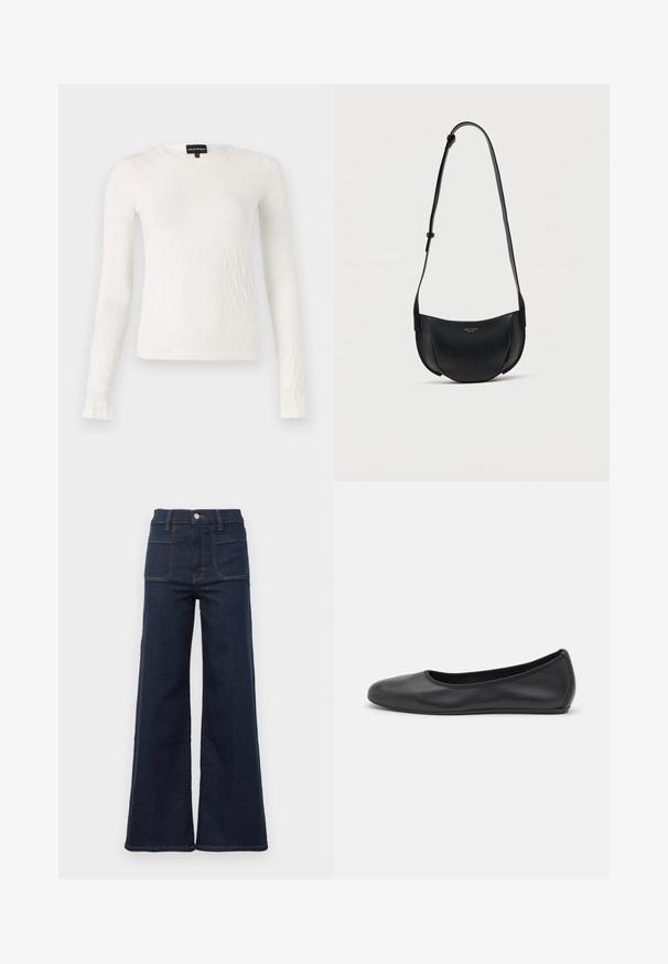 Witte lange mouwen top met een textuur, geweven patroon. Ronde halslijn en slim fit ontwerp. Zachte stof met een lichte glans.; Donkerblauwe uitlopende jeans gemaakt van denim met een hoge taille, voorzien van twee achterzakken en contrasterende stiksels langs de naden.; Zwarte leren ballerina met een ronde neus, gladde textuur, minimale stikdetails en een flexibele zoolontwerp.; Zwart leren halvemaanvormige crossbodytas met verstelbare riem en klein gouden logo in het midden aan de voorkant.