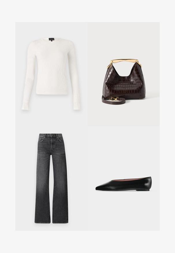 Hvidt langærmet top med et struktureret, vævet mønster. Rund hals og tætsiddende design. Blødt stof med let glans.; Sorte denim jeans med høj talje og bred ben-design. Har fem lommer og en subtil falmet tekstur med kontrastfarvet syninger.; Sort damesko i læder med flad hæl og spids tå, vist fra siden på en ensfarvet lys grå baggrund.; Mørkebrun håndtaske med krokodilletekstur, buet guldhåndtag og aftagelig matchende rem med gyldent lås, vist på hvid baggrund.