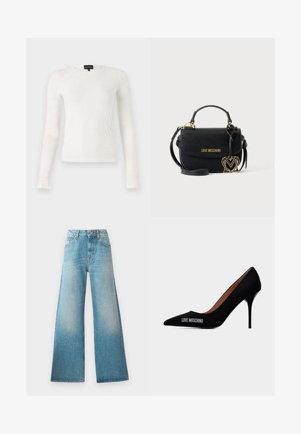 Witte lange mouwen top met een textuur, geweven patroon. Ronde halslijn en slim fit ontwerp. Zachte stof met een lichte glans.; Lichtblauwe denim wijde pijpen jeans met een hoge taille, vijf zakken ontwerp en subtiele vervaging langs de bovenbenen. Koperen hardware-details.; Zwarte spitse naaldhak met de tekst "LOVE MOSCHINO" aan de buitenzijde en een soepel instapontwerp.; Zwarte Moschino handtas met bovenhandvat, verstelbare schouderriem, gouden logo aan de voorkant en gouden hartvormige hanger aan de zijkant.