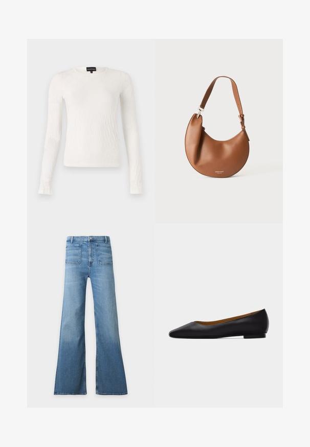 Witte lange mouwen top met een textuur, geweven patroon. Ronde halslijn en slim fit ontwerp. Zachte stof met een lichte glans.; Lichtblauwe high-waist spijkerbroek met brede uitlopende pijpen, voorzakken met opgestikte zakken, knoopsluiting en riemlussen.; Zwarte leren puntschoen met lage hak en gladde afwerking, zijaanzicht op een lichtgrijze achtergrond.; Bruine leren schoudertas in halvemaanvorm met verstelbare riem en kleine zilveren logotekst onderaan in het midden.