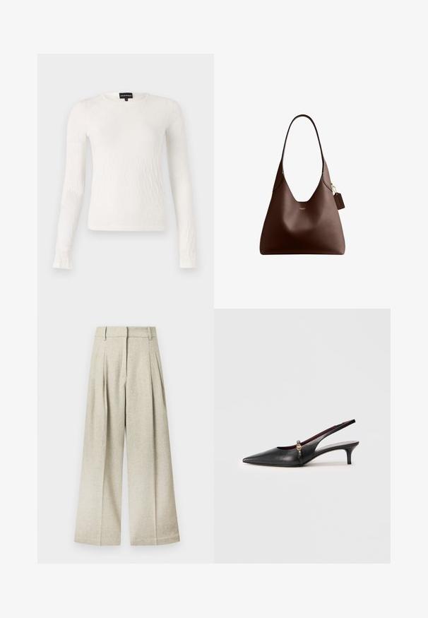 Witte lange mouwen top met een textuur, geweven patroon. Ronde halslijn en slim fit ontwerp. Zachte stof met een lichte glans.; Wijde broekspijpen in lichtgrijze stof met een gestructureerde afwerking, voorzien van plooien aan de voorkant en een vlakke tailleband, zonder zichtbare zakken.; Zwarte leren slingback hakken met een spitse neus, dunne hak en een gouden accent bij de enkelband. Gladde textuur en eenvoudig ontwerp.; Donkerbruine leren schoudertas met een diepe V-hals, enkele band, klein gouden logo en een hangend leren label aan een gouden ketting.