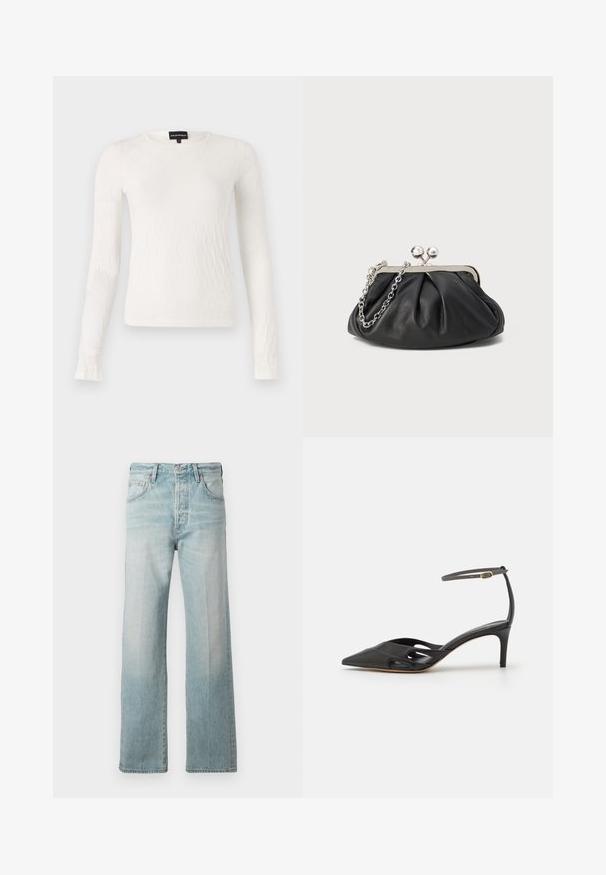 Hvidt langærmet top med et struktureret, vævet mønster. Rund hals og tætsiddende design. Blødt stof med let glans.; Lysblå denim jeans med lige ben, høj talje, frontlommer og falmet struktur. Afsluttet med en subtil syet talje.; Sort læder højhælet sko med spids tå, åbne sider og en tynd ankelrem med en lille guld detalje.; Sort læder clutch med samlet tekstur, sølvfarvet metalramme, kys-lås lukning og kædestrop. Glat, blød overflade.