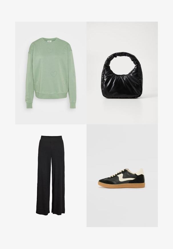Lysegrønt sweatshirt lavet af blødt materiale med en afslappet pasform. Har hjerteformede dekorative elementer samt ribstrikkede manchetter og kant.; Sorte bukser med vide ben, høj elastisk talje og subtil ribbet struktur, designet til en løs og behagelig pasform.; Sorte ruskinds- og lædersneakers med en cremefarvet side-swoosh og lys cremefarvet hæl. Har beige snørebånd og en gummirubber-sål.; Sort polstret håndtaske med et rundt håndtag, der har en glat, skinnende overflade og en blød, kviltet tekstur. Ingen synlige hardware eller accenter.