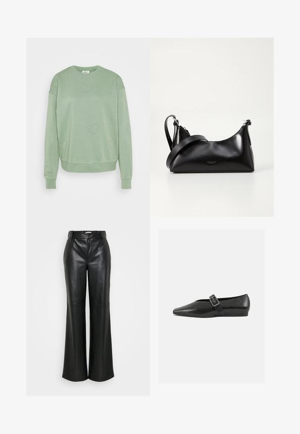 Lysegrønt sweatshirt lavet af blødt materiale med en afslappet pasform. Har hjerteformede dekorative elementer samt ribstrikkede manchetter og kant.; ONLY Tall ONLSMOOTH WIDE - Bukser - black; Sorte læder flade sko med spidse tæer, prydet med en metallisk spænde over vristen og en lav, fleksibel sål.; Sort læderhåndtaske med en glat tekstur. Har en justerbar stropp og et enkelt, minimalistisk design med lynlås.
