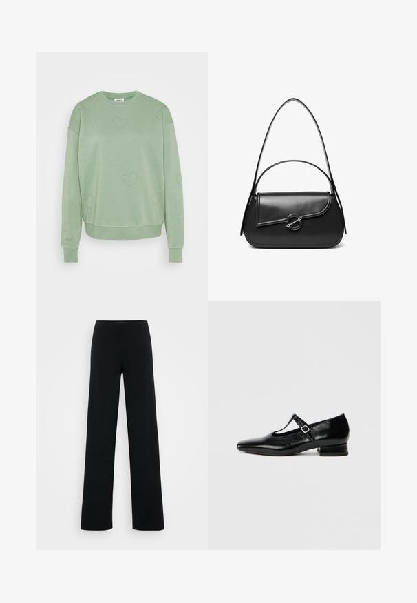 Sudadera verde claro hecha de un material suave con un ajuste relajado. Presenta adornos en forma de corazón y puños y dobladillo acanalados.; Vero Moda Tall VMBERLIN ZAMIRA WIDE - Pantalones - black; Zapatos Mary Jane de cuero negro con punta puntiaguda, tacón pequeño de bloque y correa ajustable con hebilla plateada. Textura lisa y brillante.; Bolso de hombro de cuero negro con una solapa curva asegurada por un broche metálico redondo y una correa delgada y ajustable.