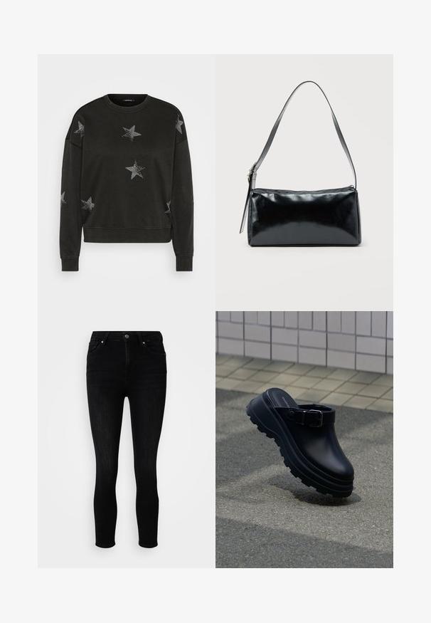 Schwarzer Langarm-Pullover mit Rundhalsausschnitt, verziert mit weißen Strass-Sternmustern auf der Vorderseite, den Ärmeln und den Schultern.; ONLY Petite ONLPOWER MID PUSH UP - Jeans Skinny Fit - washed black; Schwarzer Slip-on-Clog mit dicker profilierten Sohle und verstellbarem Riemen, über Asphalt positioniert, mit gefliester Wand im Hintergrund.; Schwarze rechteckige Schultertasche mit einem verstellbaren Riemen und einem oberen Reißverschluss vor einfachem Hintergrund.