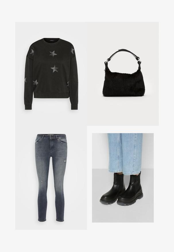 Schwarzer Langarm-Pullover mit Rundhalsausschnitt, verziert mit weißen Strass-Sternmustern auf der Vorderseite, den Ärmeln und den Schultern.; ONLY Petite ONLBLUSH - Jeans Skinny Fit - special blue grey denim; Schwarze Leder-Stiefeletten mit elastischen Seiteneinsätzen, einer strukturierten Oberfläche und robusten grauen Gummisohlen. Kombiniert mit hellblauen, cropped Jeans.; Schwarze Kunstfell-Handtasche mit weicher Textur, runder Form und einem stabilen schwarzen Leder-Schulterriemen. Sichtbare silberne Hardware-Akzente.