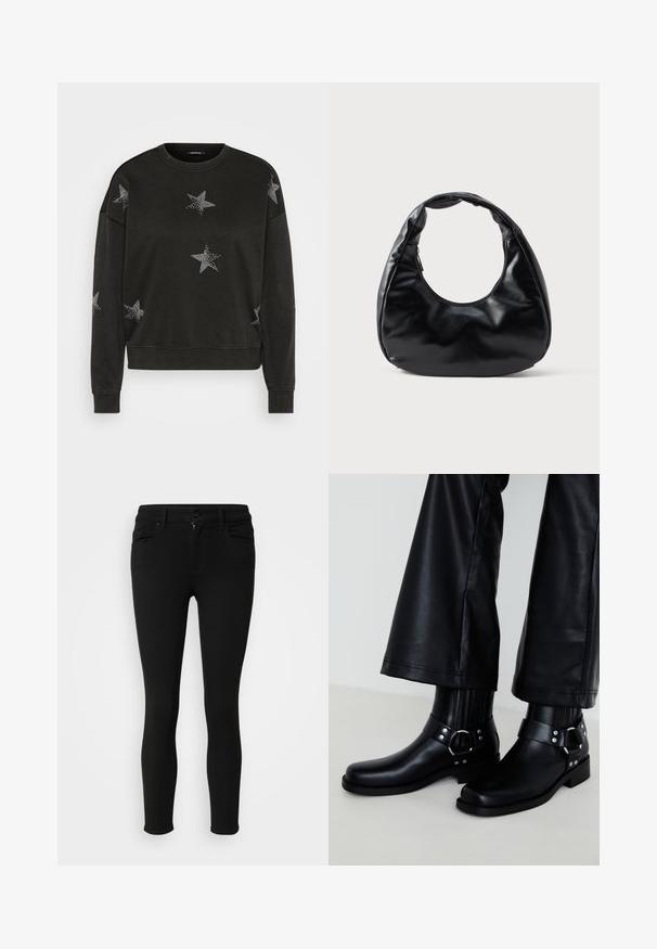 Schwarzer Langarm-Pullover mit Rundhalsausschnitt, verziert mit weißen Strass-Sternmustern auf der Vorderseite, den Ärmeln und den Schultern.; Schwarze Skinny-Jeans aus elastischem Material, mit Reißverschluss, Knopfverschluss und zwei Fronttaschen. Geschmeidige Textur und taillierte Passform.; Schwarze Leder Stiefeletten mit runder Spitze, ausgestattet mit einer dekorativen Schnalle und Nieten am Riemen sowie vertikalen Rippendetails.; Schwarze Kunstleder-Handtasche mit einzigartiger Halbmondform, einem breiten, gepolsterten Henkel und einem Reißverschluss. Glatte, glänzende Textur, minimalistisches Design.