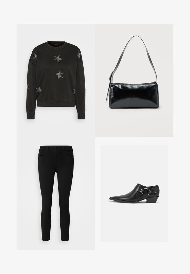 Schwarzer Langarm-Pullover mit Rundhalsausschnitt, verziert mit weißen Strass-Sternmustern auf der Vorderseite, den Ärmeln und den Schultern.; Schwarze Skinny-Jeans aus elastischem Material, mit Reißverschluss, Knopfverschluss und zwei Fronttaschen. Geschmeidige Textur und taillierte Passform.; Schwarze Leder-Ankle-Boots mit spitzem Zeh, ausgestattet mit einem vorderen Leder-Riemen und einem silbernen Schnallendetail sowie einem niedrigen Blockabsatz.; Schwarze rechteckige Schultertasche mit einem verstellbaren Riemen und einem oberen Reißverschluss vor einfachem Hintergrund.