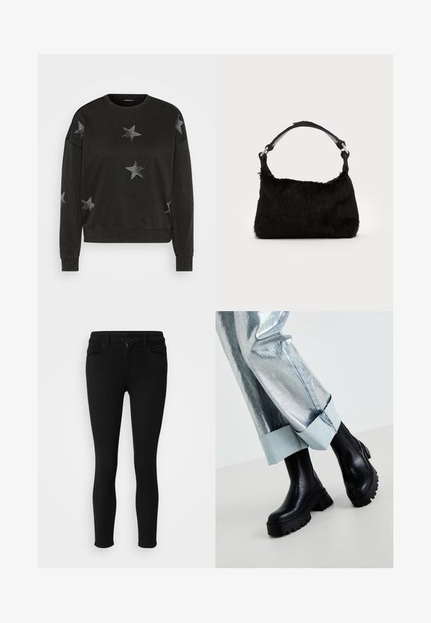Schwarzer Langarm-Pullover mit Rundhalsausschnitt, verziert mit weißen Strass-Sternmustern auf der Vorderseite, den Ärmeln und den Schultern.; Schwarze Skinny-Jeans aus elastischem Material, mit Reißverschluss, Knopfverschluss und zwei Fronttaschen. Geschmeidige Textur und taillierte Passform.; Schwarze klobige Knöchelstiefel mit strukturierten Sohlen, getragen mit silbernen metallischen Hosen, die einen hellen Denim-Bund umfassen. Minimalistisches Design, elegante Materialien.; Schwarze Kunstfell-Handtasche mit weicher Textur, runder Form und einem stabilen schwarzen Leder-Schulterriemen. Sichtbare silberne Hardware-Akzente.