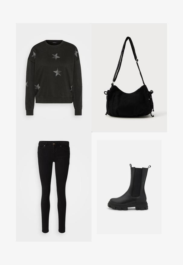 Schwarzer Langarm-Pullover mit Rundhalsausschnitt, verziert mit weißen Strass-Sternmustern auf der Vorderseite, den Ärmeln und den Schultern.; ONLY ONLCORAL LIFE POWER - Jeans Skinny Fit - black denim; Schwarzer Chelsea-Stiefel aus Leder und elastischem Material mit einer robusten Gummisohle und ausgeprägtem Profil sowie Ziehschlaufen für ein einfaches Anziehen.; Schwarze Cordtasche mit geschwungener Form, verstellbarem Schultergurt und Kordelzugverschlüssen an beiden Seiten zur Größenanpassung.