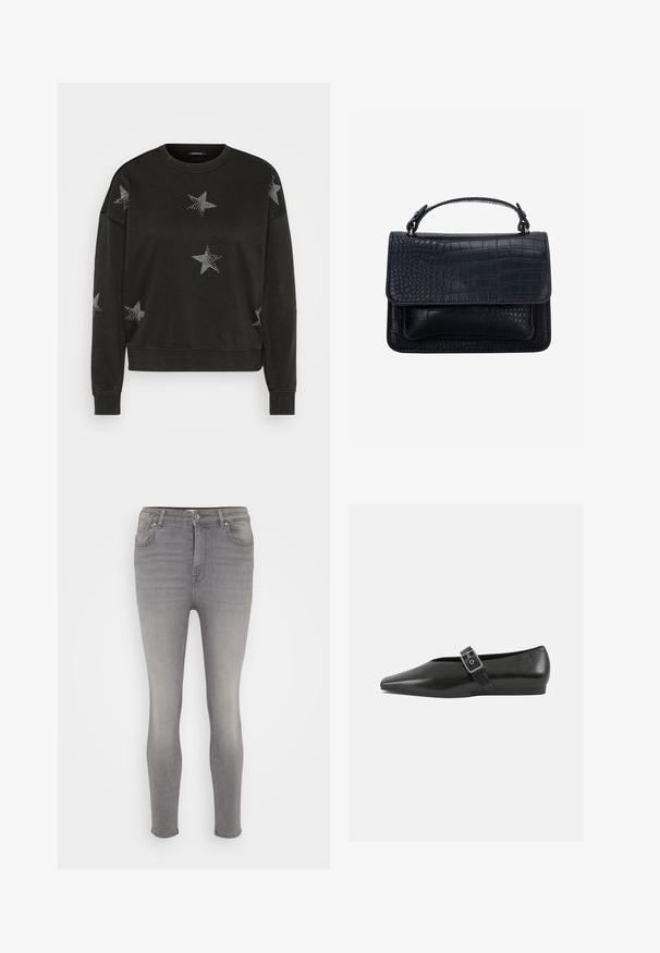 Must mustahed sweatshirt, mille pikad varrukad, kaunistatud valgete sädelevate tähtede mustritega ees, varrukatel ja õlgadel.; Hallide teksast valmistatud sirge lõikega hall denim põhjad, millel on nööpsulgur, viis taskut ja õrn pleekimus jalgadel. Sile tekstuur, ilma mustriteta.; Must mustril leedjalats, millel on terav varvas, metallist pandla rihm üle jala ja madal, paindlik tall.; Must käekott krokodillinahaga, ristkülikukujuline, ülaosaga klapp ja üks lühike sang.