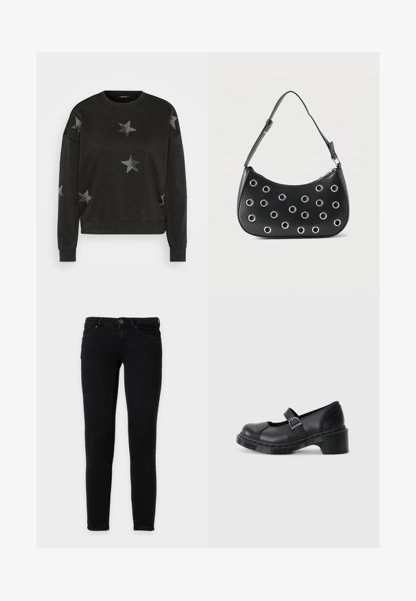 Zwarte lange mouwen crewneck sweatshirt versierd met witte strass sterrenpatronen op de voorkant, mouwen en schouders.; Zwarte skinny jeans met knoop- en ritssluiting aan de voorkant, voor- en achterzakken, weergegeven op een witte achtergrond.; Zwarte leren Mary Jane-schoenen met een ronde neus, verstelbare band en een middelhoge blokhak. Bevat contrasterend stiksel en een gestructureerde zool.; Zwarte leren schoudertas met verstelbare riem, voorzien van zilveren metalen oogjes en een ritssluiting bovenaan.