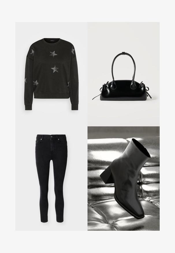 Zwarte lange mouwen crewneck sweatshirt versierd met witte strass sterrenpatronen op de voorkant, mouwen en schouders.; Zwarte high-waist skinny jeans met een knoopsluiting aan de voorkant, twee steekzakken aan de voorkant en twee zakken aan de achterkant, weergegeven op een effen achtergrond.; Zwarte enkellaarsjes van glanzend materiaal met een vierkante neus en taps toelopende hak, afgezet tegen een glanzende zilveren gecapitonneerde achtergrond.; Kleine zwarte glanzende handtas met twee lange hengsels en zijkant trekkoord details op een effen lichte achtergrond.