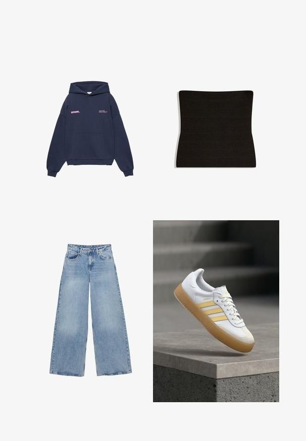 Sweatshirt à capuche bleu marine avec poche avant, logo rose "STWD" sur la poitrine gauche et texte "Stay United Global Community" sur la poitrine droite.; Haut bandeau en tissu extensible noir avec texture côtelée horizontale et silhouette légèrement courbée.; Jean large bleu clair en denim, doté d'une taille haute, d'une fermeture à boutons et de quatre poches. Texture lisse avec une finition délavée.; Baskets en cuir blanc avec des accents jaunes, trois bandes, et une semelle en caoutchouc gomme. Dotées d'un bout arrondi et d'une languette texturée.