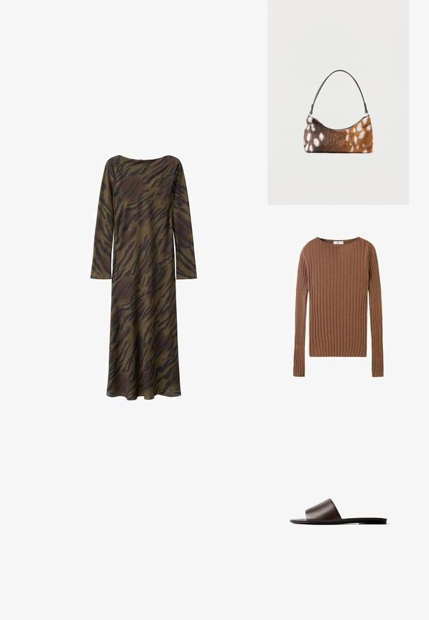 Brun ribbet langærmet sweater med rund halsudskæring, der viser et tekstureret stof, som fremhæver lodrette linjer. Enkel og tætsiddende design.; Langærmet, gulvlængde kjole i olivengrøn med et sort tigerstribemønster. Glat stof med rund halsudskæring og løs pasform.; Mørkebrun lædersandale med bred rem og flad sål, vist i sideprofil mod hvid baggrund.; Skuldertaske med brun og hvid pletmønstret imiteret pels og en tynd sort rem, vist på en hvid baggrund.